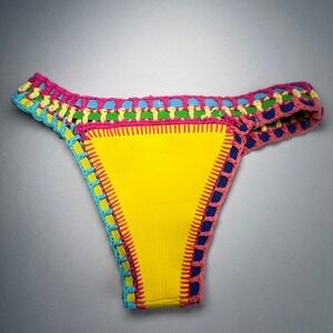 Kiini Style Crochet Bikini Bottom Womens S Yellow Multi Color Neoprene Good Boho